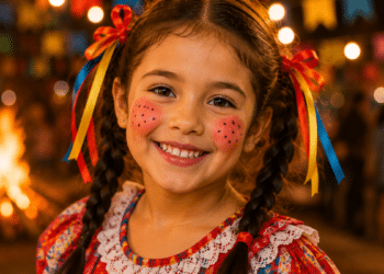 Menina sorridente com bochechas rosadas, sardinhas pintadas e tranças com fitas coloridas