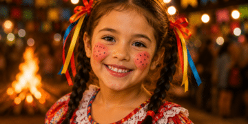 Menina sorridente com bochechas rosadas, sardinhas pintadas e tranças com fitas coloridas