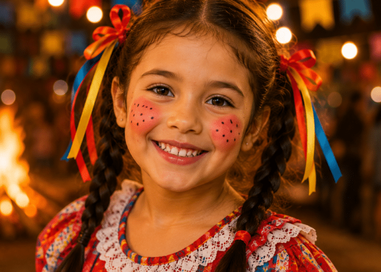 Menina sorridente com bochechas rosadas, sardinhas pintadas e tranças com fitas coloridas