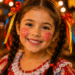 Menina sorridente com bochechas rosadas, sardinhas pintadas e tranças com fitas coloridas