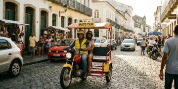 Triciclo moto táxi amarelo com toldo vermelho em rua de paralelepípedos, condutor com colete amarelo e passageiro