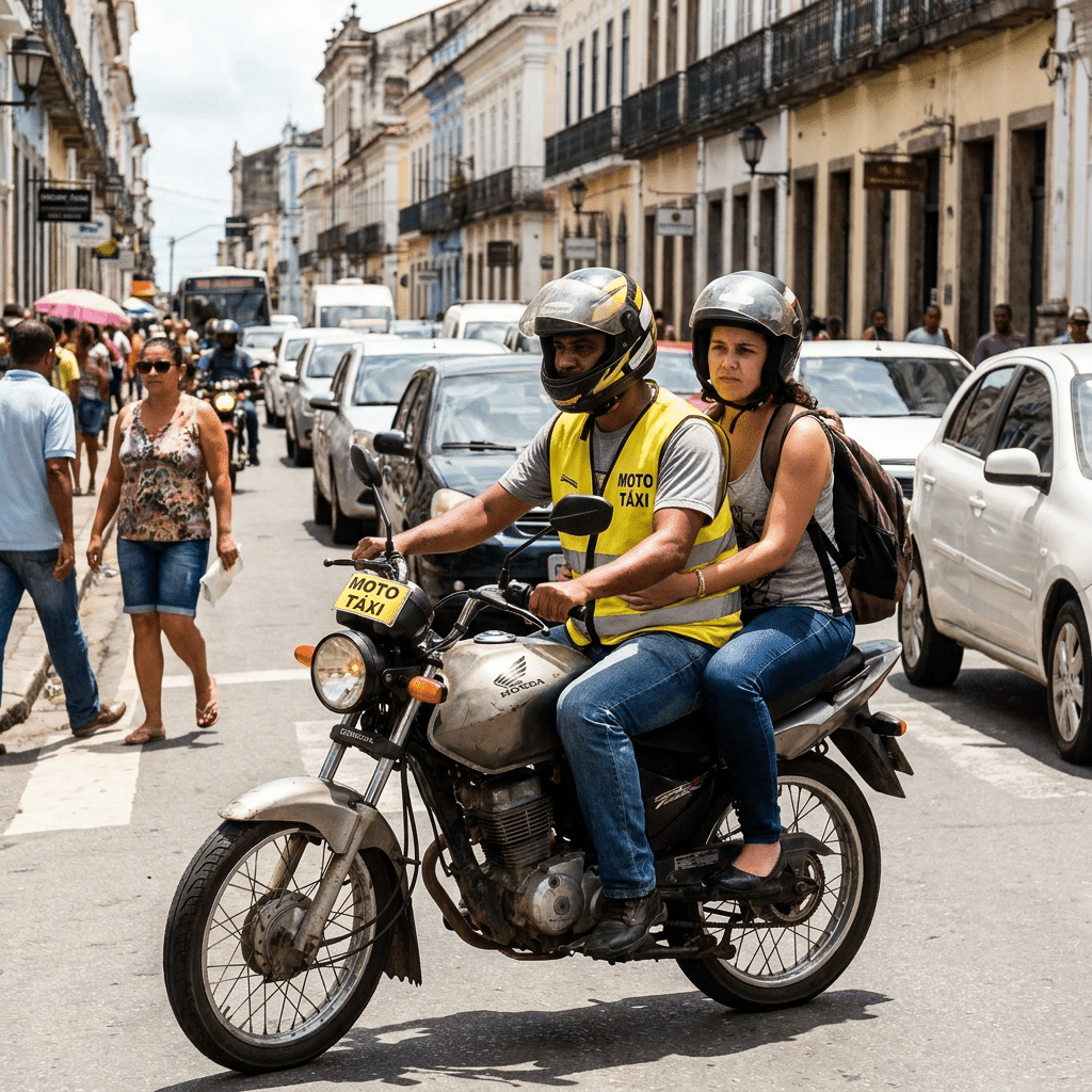 Mototaxista com colete amarelo e placa de identificação transporta passageira de capacete em rua de casarões coloniais