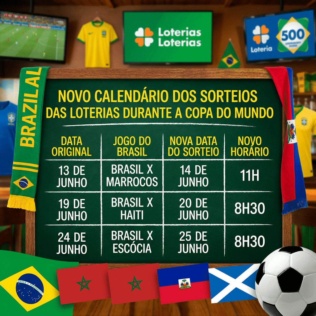 Quadro verde com novo calendário de sorteios das Loterias CAIXA durante Copa do Mundo, com bandeiras do Brasil, Marrocos, Haiti e Escócia