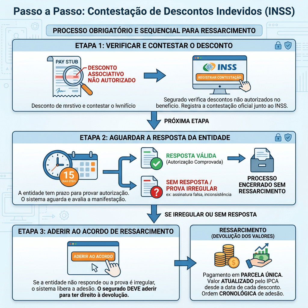 Infográfico com passo a passo para contestar descontos do INSS Fluxograma ilustrado com 3 etapas para contestar descontos indevidos do INSS e obter ressarcimento em parcela única
