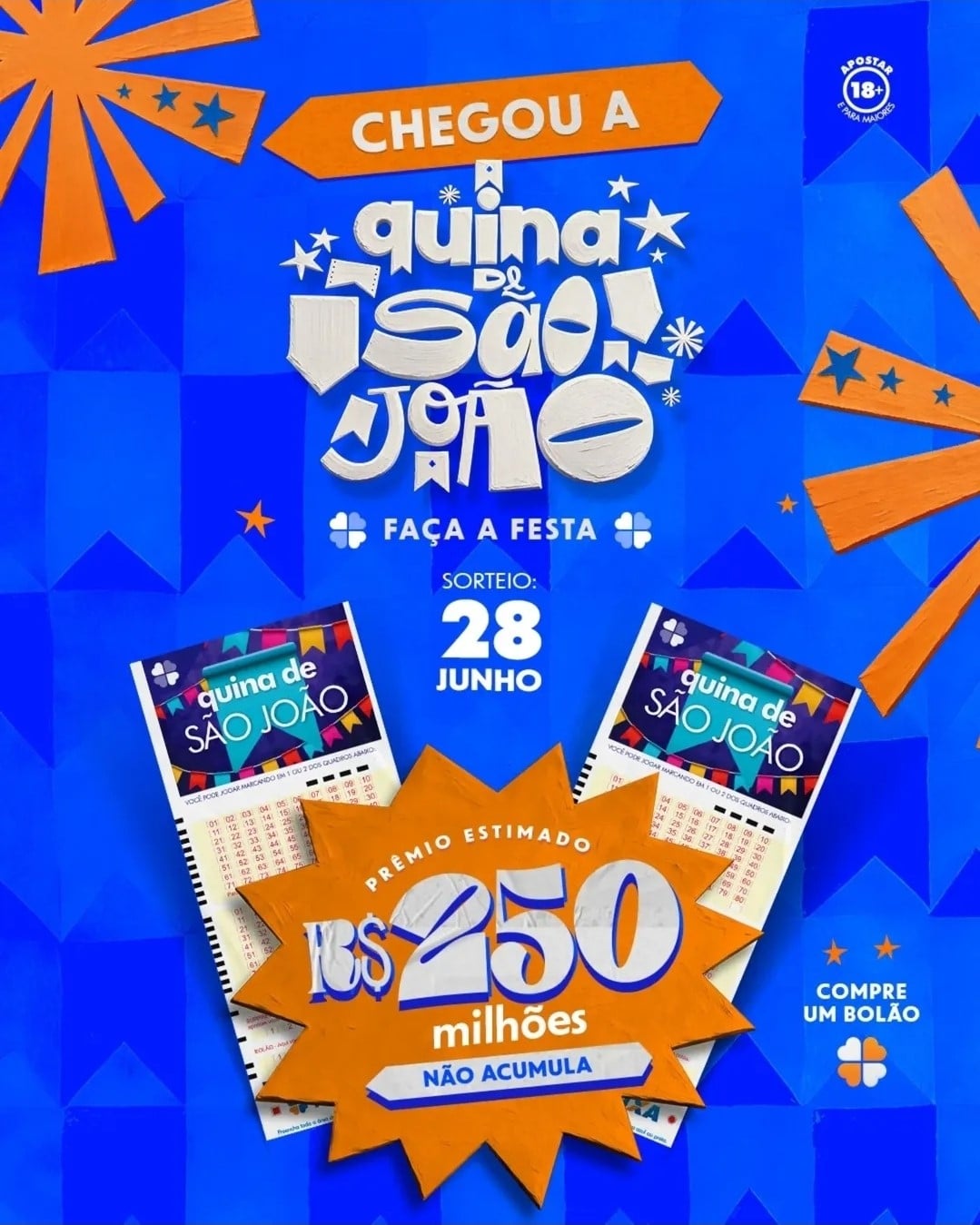 Cartaz oficial da Quina de São João 2026 com dois volantes de aposta e prêmio de R$ 250 milhões destacado em fundo azul
