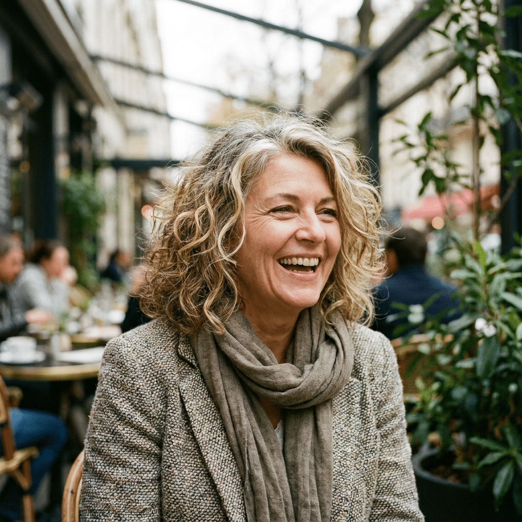 Mulher de 50 anos com cabelo shaggy ondulado grisalho e loiro sorrindo em café ao ar livre usando cachecol bege