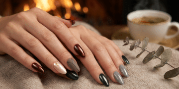 Mãos femininas com unhas amendoadas em esmalte vinho metálico, verde escuro e cinza prateado sobre tecido bege