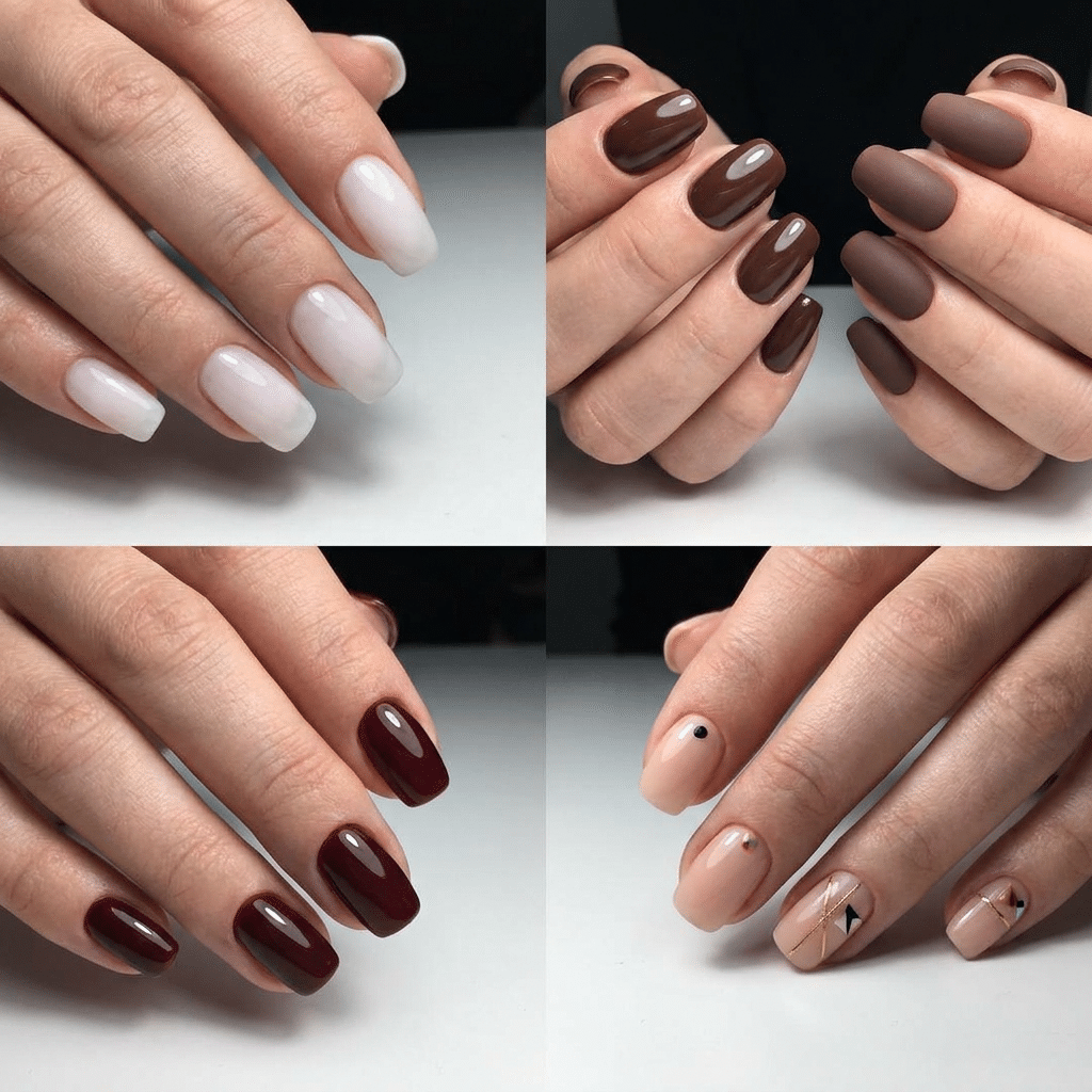 Quatro mãos exibindo tendências de unhas: baby boomer nude, marrom chocolate fosco, bordô brilhante e nude com detalhes dourados