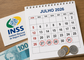 Calendário de julho 2026 com datas marcadas, cartão INSS, dinheiro e moedas ao lado