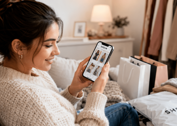 Mulher sorridente usando celular com app SHEIN aberto, sacolas e roupas ao redor no sofá