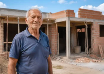 Idoso em frente a imóvel em reforma que representa o projeto Habitação Adaptada 60+.