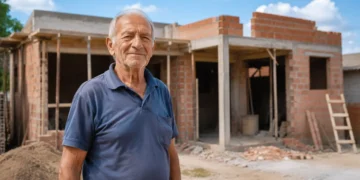 Idoso em frente a imóvel em reforma que representa o projeto Habitação Adaptada 60+.