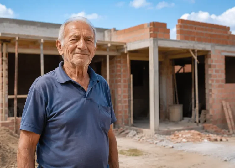 Idoso em frente a imóvel em reforma que representa o projeto Habitação Adaptada 60+.