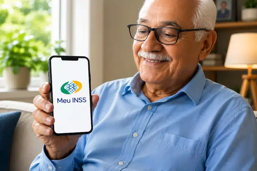 Idoso consulta informações sobre o pagamento do INSS pelo aplicativo Meu INSS no celular.