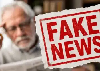 Idoso desfocado ao fundo e placa em destaque com a expressão “Fake News” sobre aposentadoria.