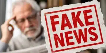 Idoso desfocado ao fundo e placa em destaque com a expressão “Fake News” sobre aposentadoria.