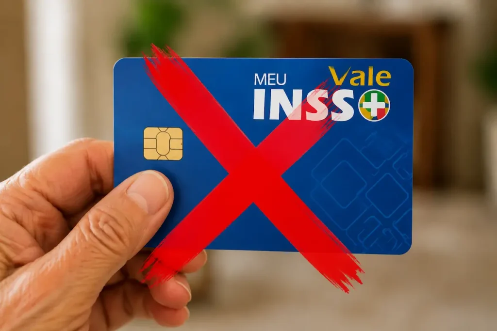 Cartão do Meu INSS Vale+ com marca de cancelamento representando o fim da antecipação de benefício previdenciário.