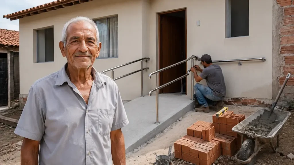 Habitação Adaptada 60+ prevê reformas de acessibilidade em residências Idoso em frente a casa com rampa de acesso e barras de apoio instaladas.