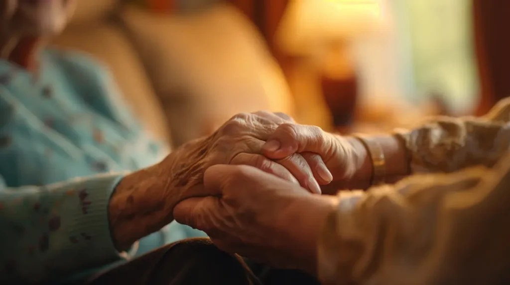 Proteção da pessoa idosa é responsabilidade de todos Mãos seguram as mãos de uma pessoa idosa, simbolizando cuidado, acolhimento e proteção compartilhada.