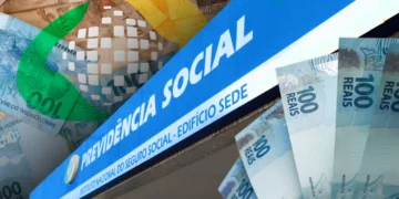 Imagem com fachada da Previdência Social, cédulas de real e elementos associados ao INSS.