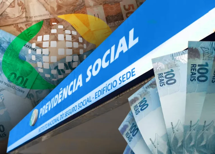 Imagem com fachada da Previdência Social, cédulas de real e elementos associados ao INSS.