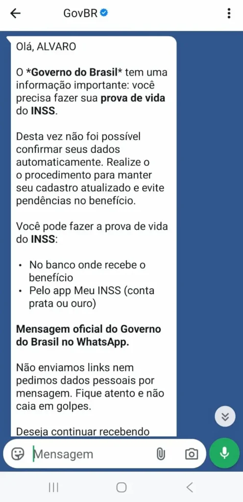 Print de mensagem oficial do Governo do Brasil no WhatsApp orientando beneficiários do INSS sobre a necessidade de realizar a Prova de Vida.