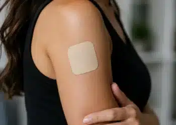 Mulher com adesivo transdérmico no braço representando o uso de reposição hormonal com testosterona.