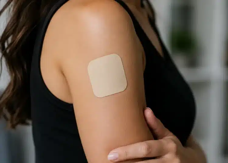 Mulher com adesivo transdérmico no braço representando o uso de reposição hormonal com testosterona.