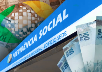 Previdência Social e pagamento do INSS com notas de 100 reais em destaque.
