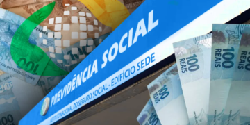 Previdência Social e pagamento do INSS com notas de 100 reais em destaque.