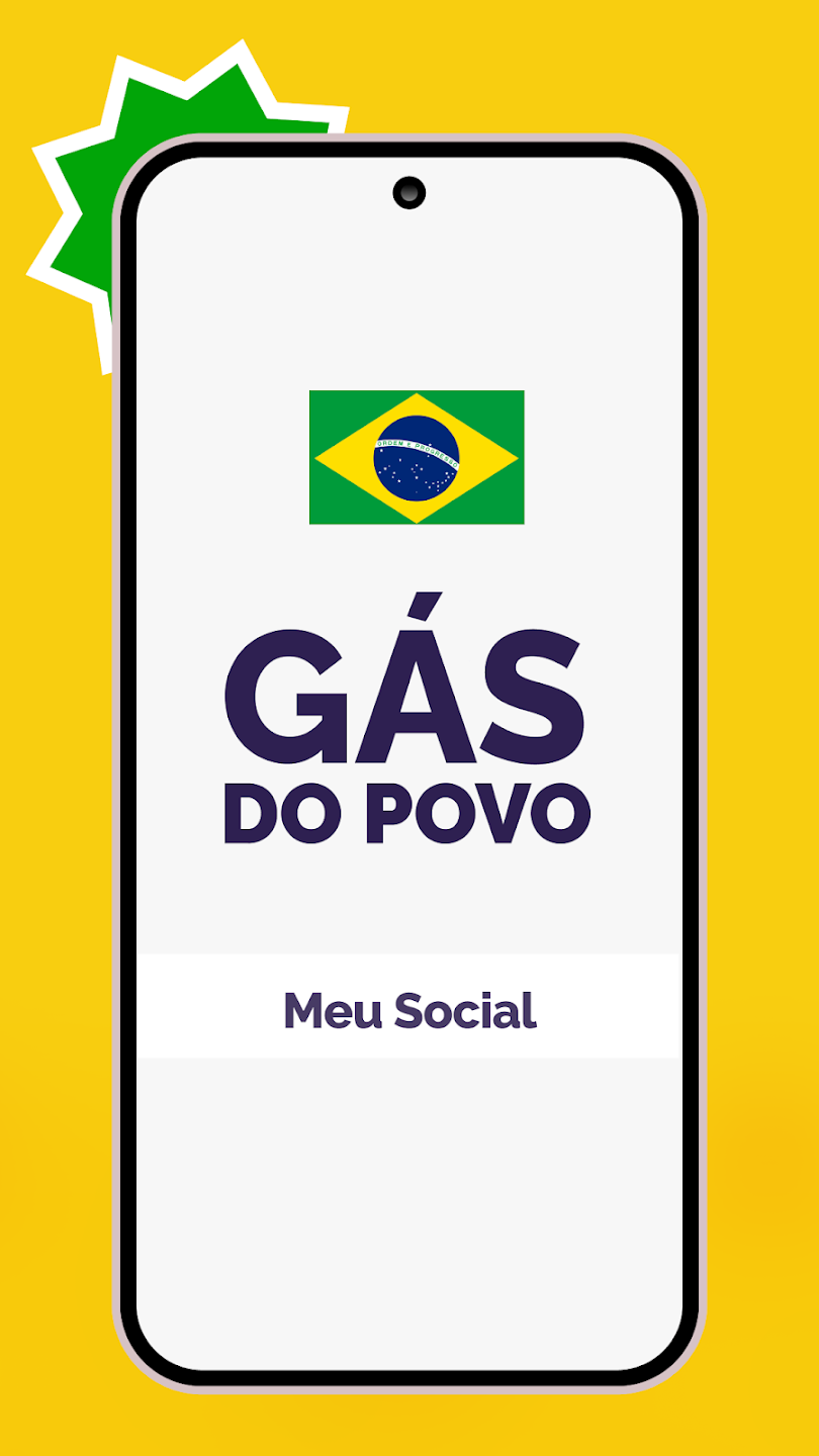 Gás do Povo. Celular com logo da bandeira do Brasil, texto Gás do Povo e Meu Social em fundo amarelo.