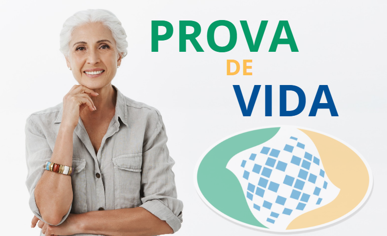 Prova de Vida do INSS. Mulher idosa de cabelos brancos sorrindo ao lado do texto Prova de Vida e logomarca do INSS em fundo branco.