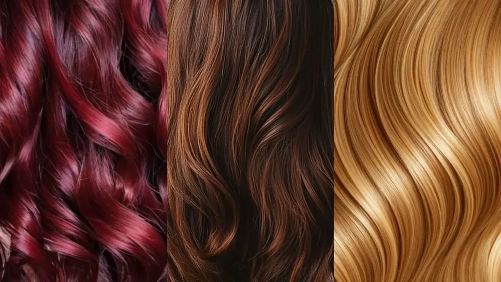 Três faixas de cabelo ondulado e brilhante em close, nas cores vermelho cereja, castanho avelã e loiro caramelo.