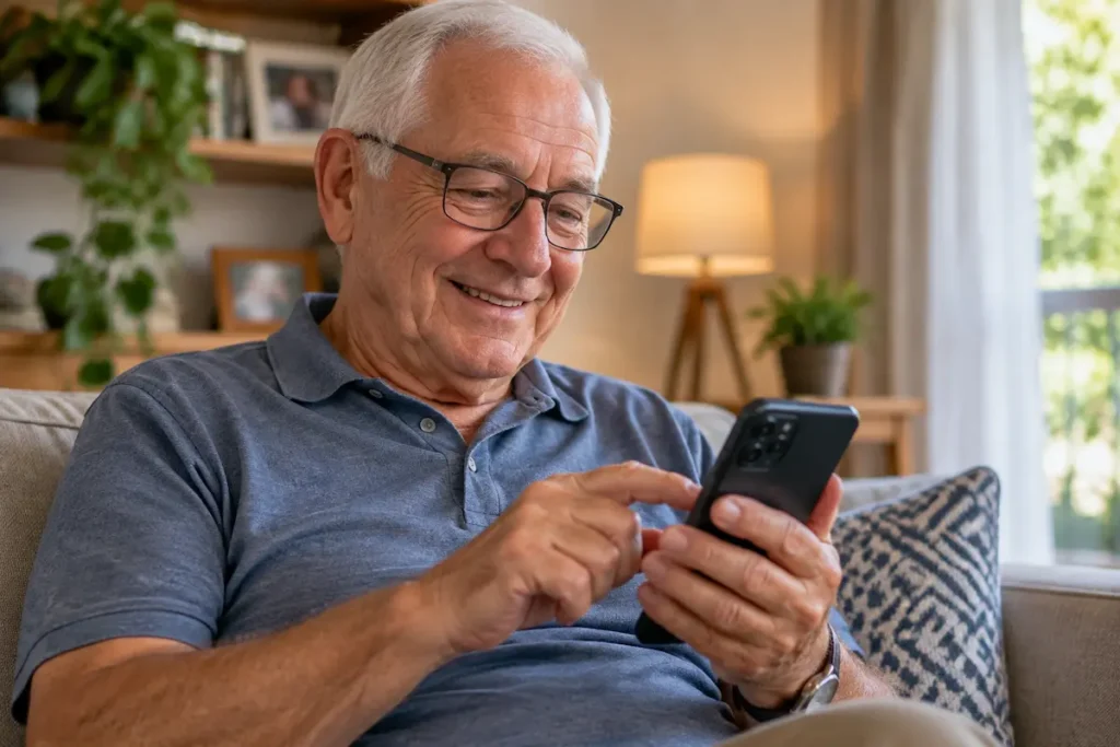 Idoso usando celular para acessar aplicativo de relacionamento com atenção aos riscos de golpes virtuais.