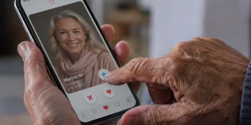 Idoso utilizando aplicativo de relacionamento no celular para conhecer novas pessoas com segurança.