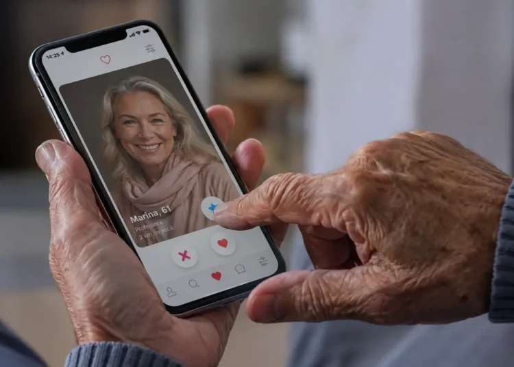 Idoso utilizando aplicativo de relacionamento no celular para conhecer novas pessoas com segurança.