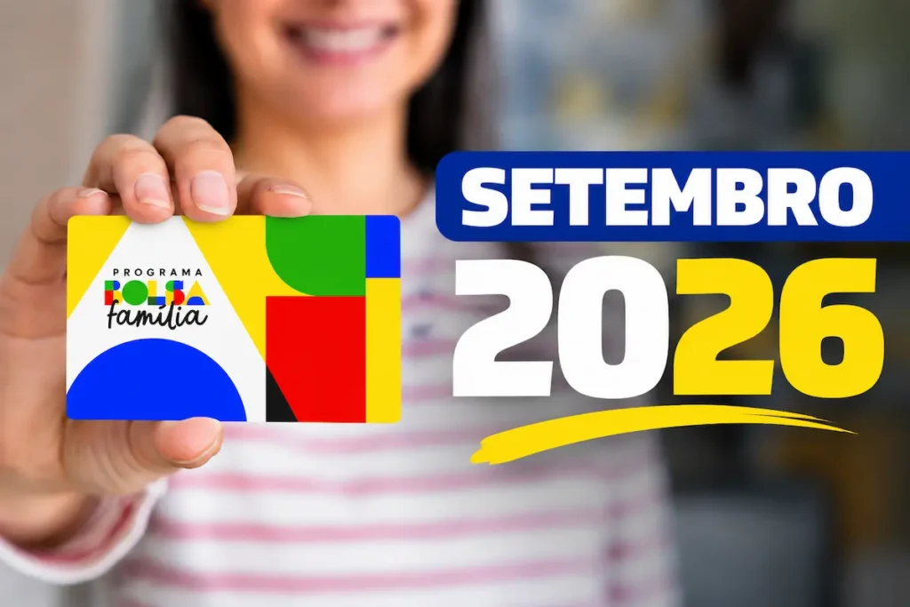 Cartão do Bolsa Família segurado por beneficiária representa pagamento antecipado de setembro.