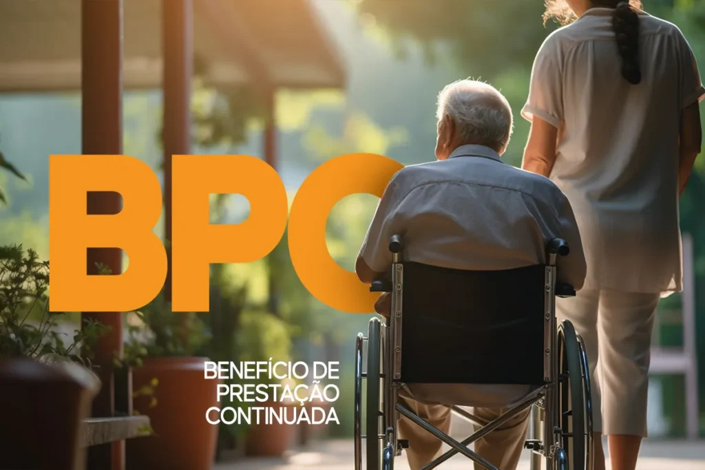 Beneficiário do BPC em cadeira de rodas acompanhado por cuidadora, representando o calendário de pagamentos do Benefício de Prestação Continuada em setembro.