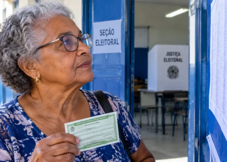 Eleitora idosa segura título de eleitor em frente a local de votação nas eleições.