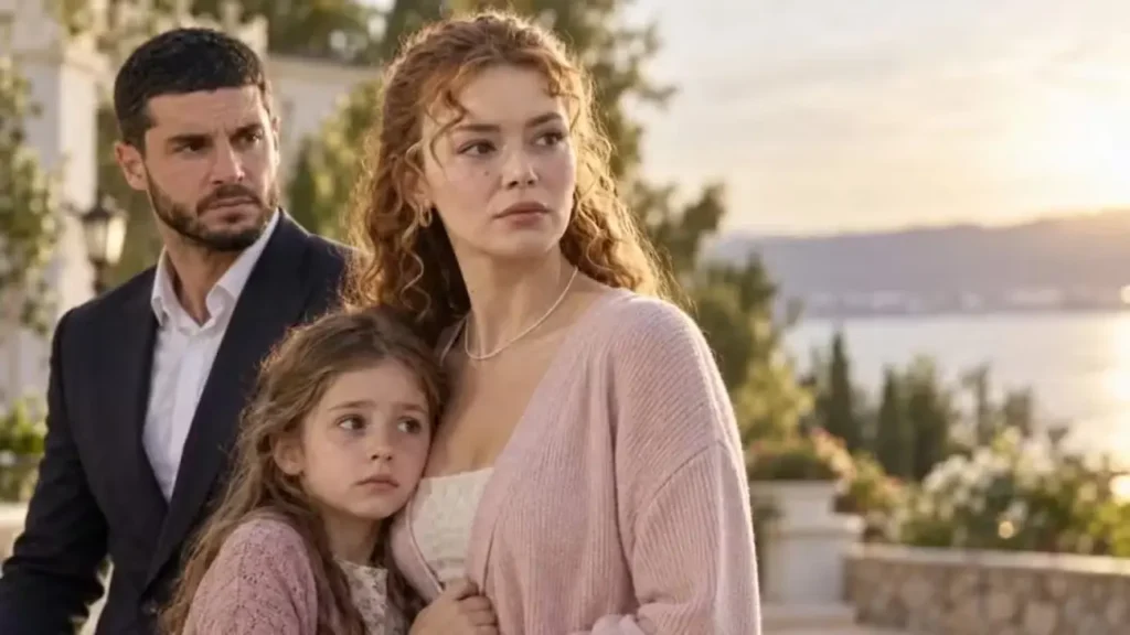 Elif Kara aparece ao lado de uma criança e de outro personagem em cena de Sol da Minha Vida.