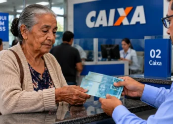 Aposentada recebe dinheiro em agência da Caixa, representando o pagamento do benefício do INSS referente ao mês de setembro.