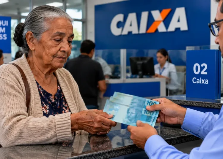 Aposentada recebe dinheiro em agência da Caixa, representando o pagamento do benefício do INSS referente ao mês de setembro.
