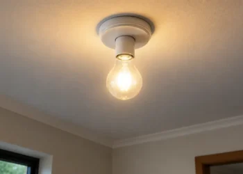 Lâmpada acesa no teto de uma residência representando economia na conta de luz e acesso à Tarifa Social de Energia para aposentados.
