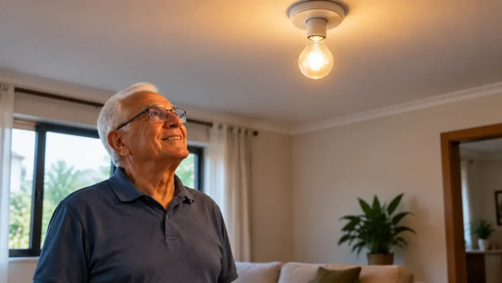 Desconto integral na conta de luz pode beneficiar consumidores de baixa renda Idoso em residência olhando para lâmpada acesa representando desconto na conta de energia pela Tarifa Social.