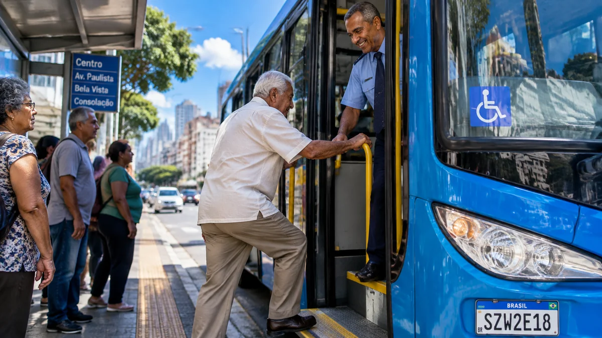 Transporte especial garante acesso de eleitores ao local de votação Idoso embarca em transporte acessível durante deslocamento para local de votação.