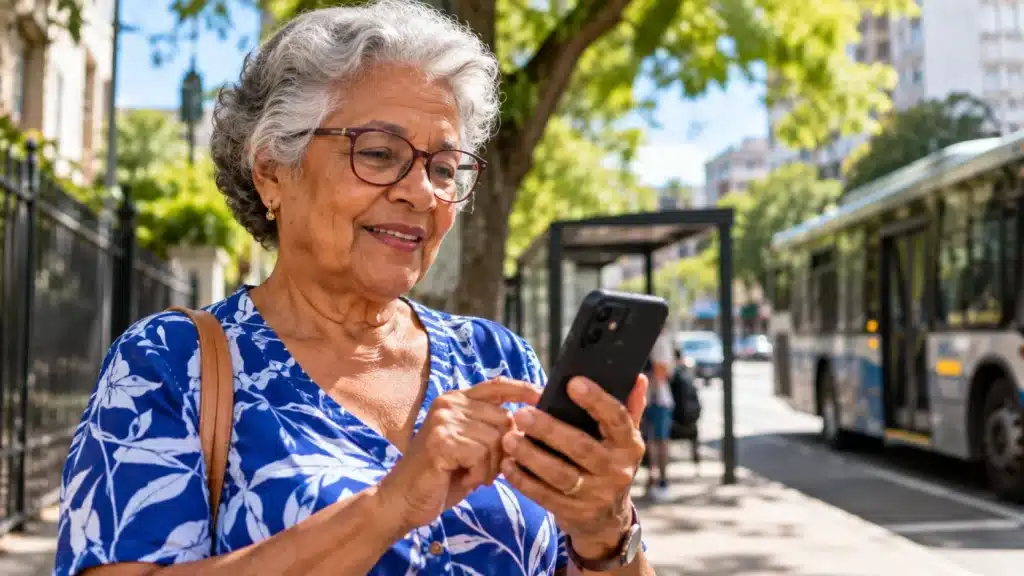 Mulher idosa de óculos e blusa azul consulta o celular próximo a um ponto de ônibus, com transporte público ao fundo.