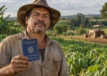 Agricultor brasileiro segurando carteira de trabalho em uma plantação, com trator ao fundo, representando a aposentadoria rural do INSS.