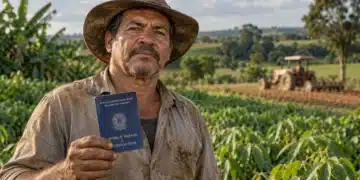 Agricultor brasileiro segurando carteira de trabalho em uma plantação, com trator ao fundo, representando a aposentadoria rural do INSS.