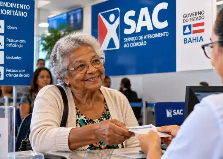 Mulher idosa sorridente entrega documento a uma atendente em balcão de atendimento prioritário, com sinalização do SAC ao fundo.