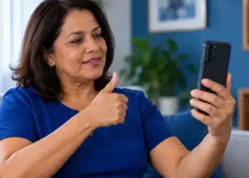 Mulher de meia-idade com blusa azul segurando um celular e fazendo um gesto com a mão durante uma videochamada em casa.